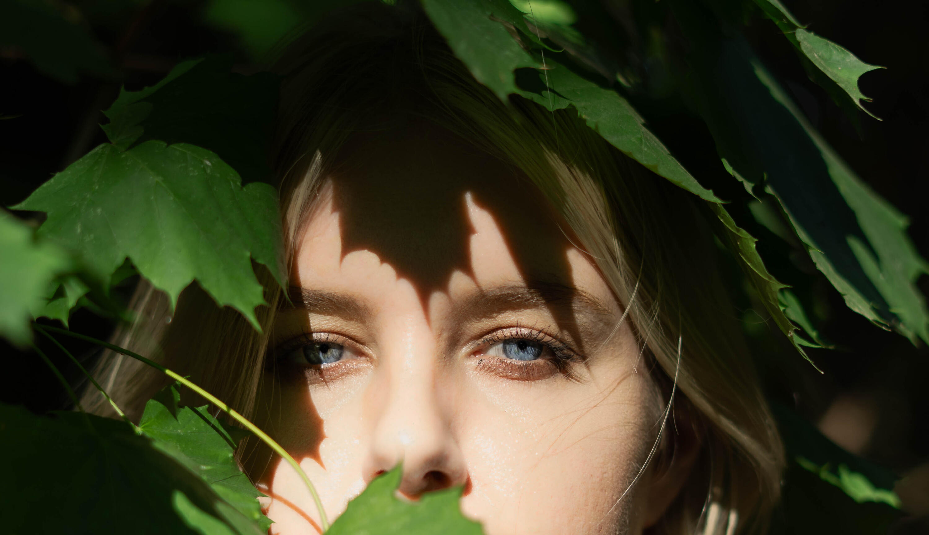Portrait Eine Frau mit blauen Augen hinter grünen Blättern